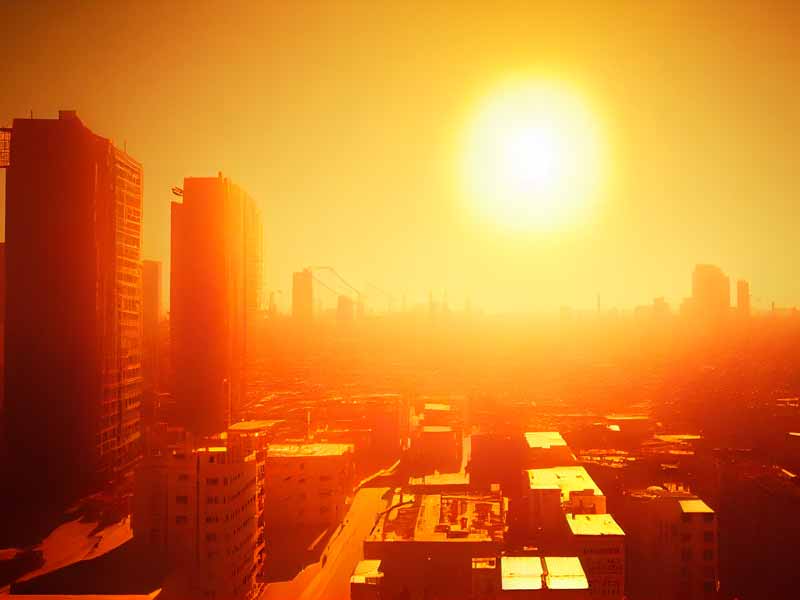 city skyline beneath a flaming hot sun