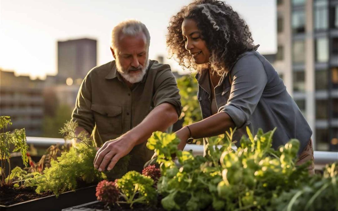 two adults growing food on a community roof garden